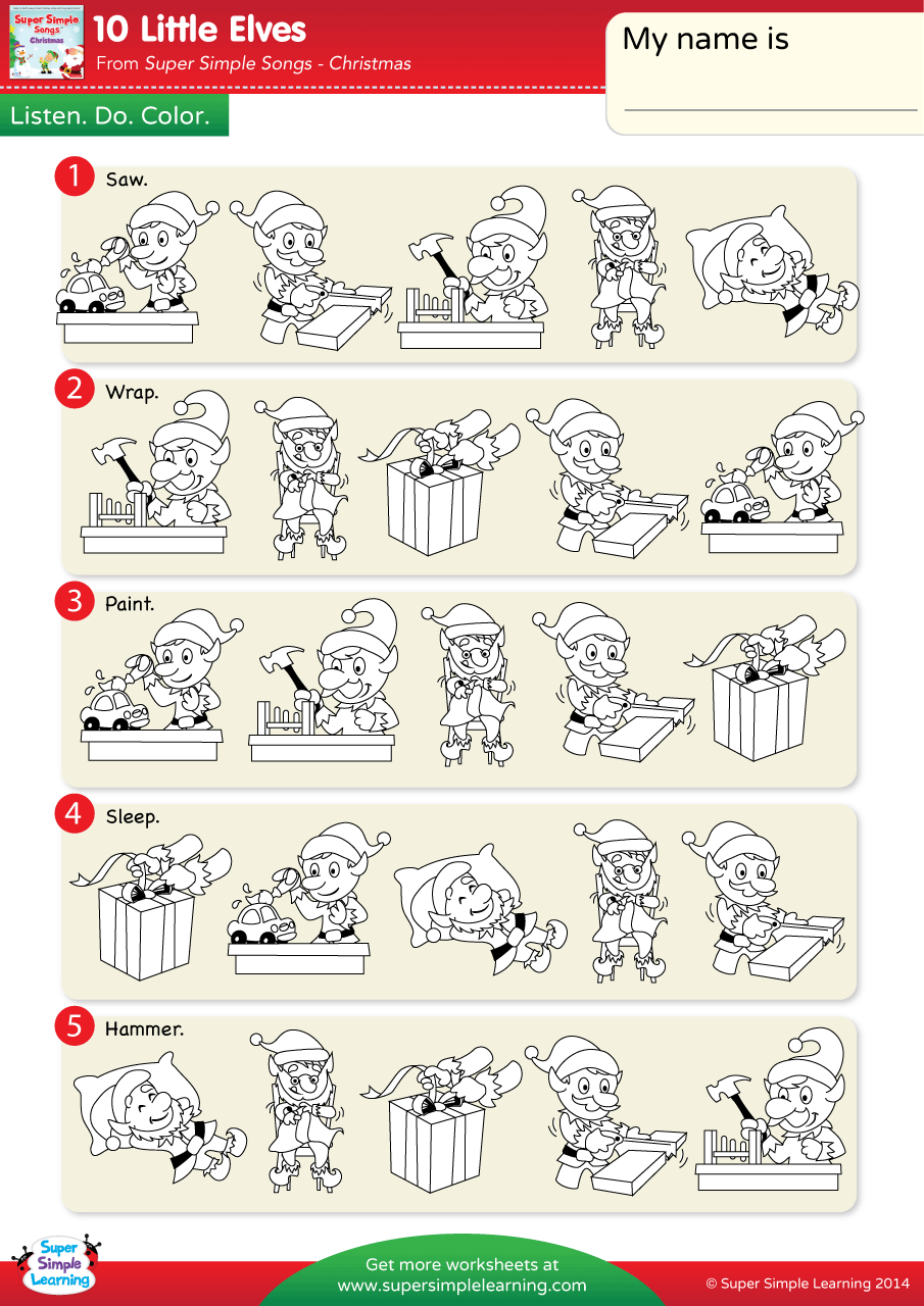 10 Little Elves Worksheet - Listen, Do, & Color - Super Simple