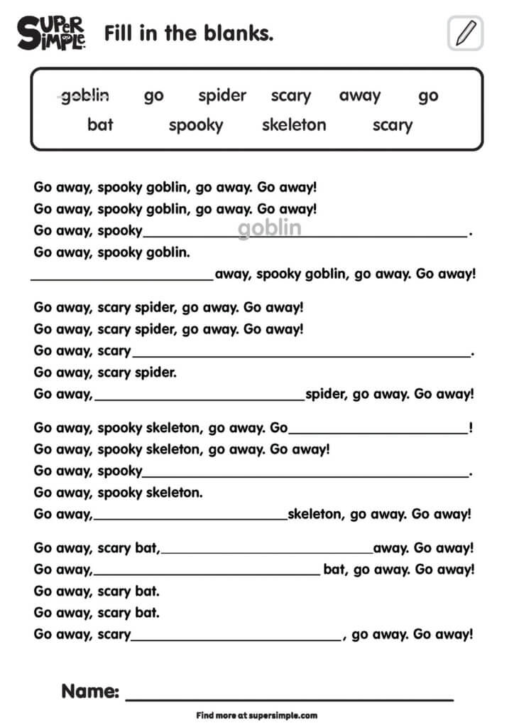 Go Away, Spooky Goblin! - Fill In The Blanks Worksheet