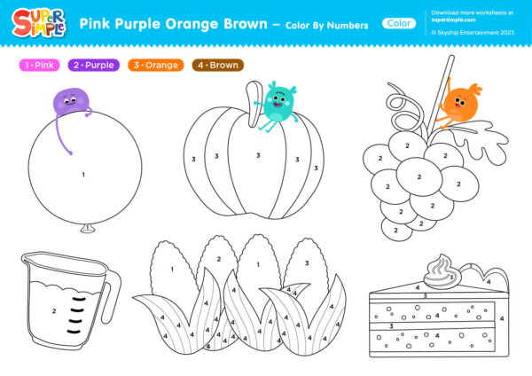 Pink Purple Orange Brown Worksheet - Color By Numbers - Super Simple