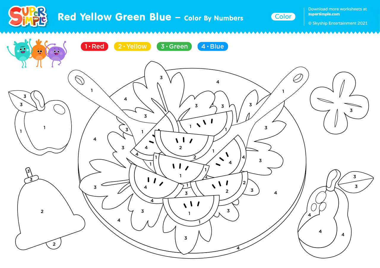 Red Yellow Green Blue Worksheet - Color By Numbers - Super Simple