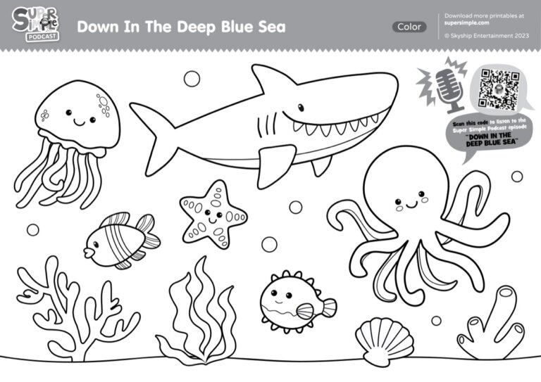 Super Simple Podcast - Down In The Deep Blue Sea Coloring Page - Super ...