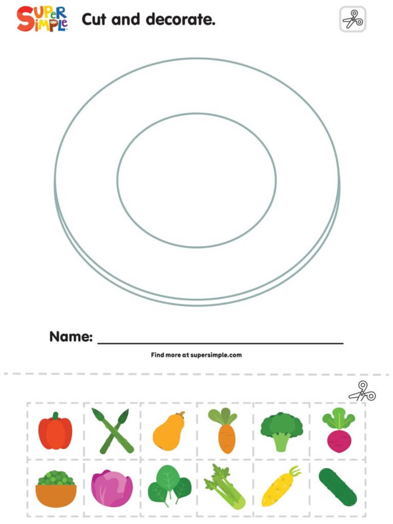 I Love Eating Vegetables - Cut And Decorate Worksheet