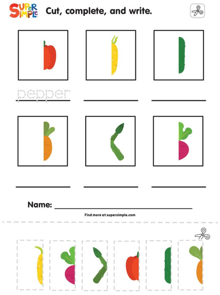 I Love Eating Vegetables - Cut, Complete, And Write Worksheet