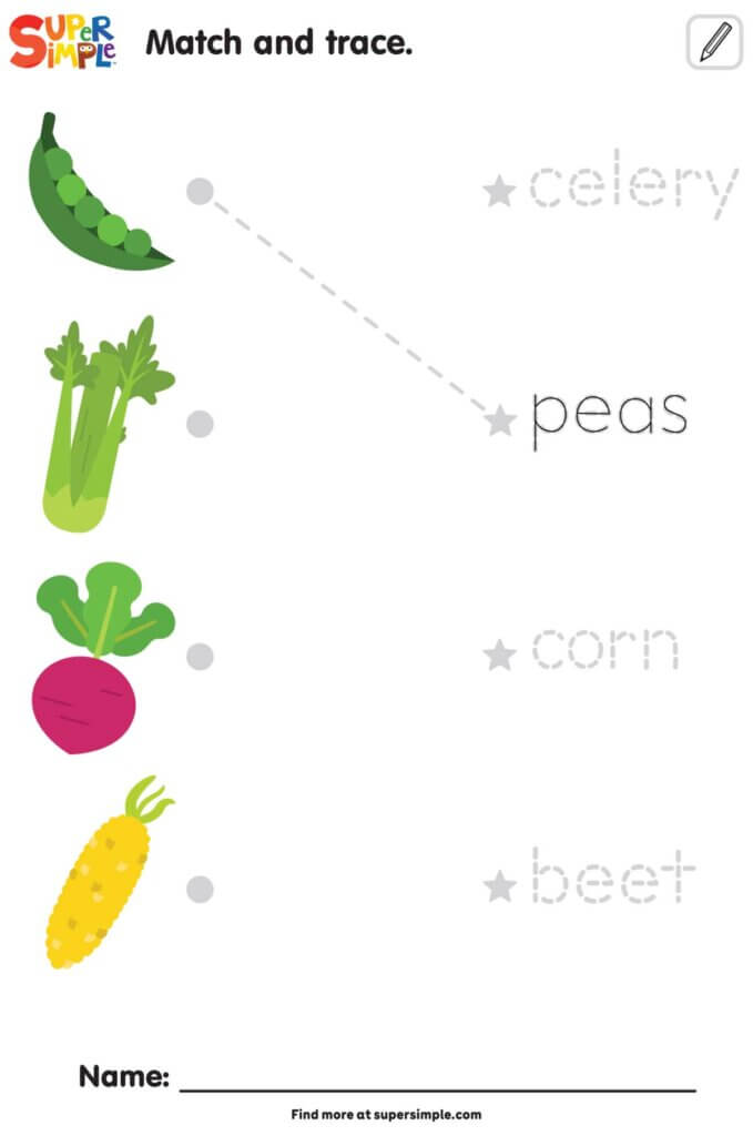 I Love Eating Vegetables - Match And Trace Worksheet