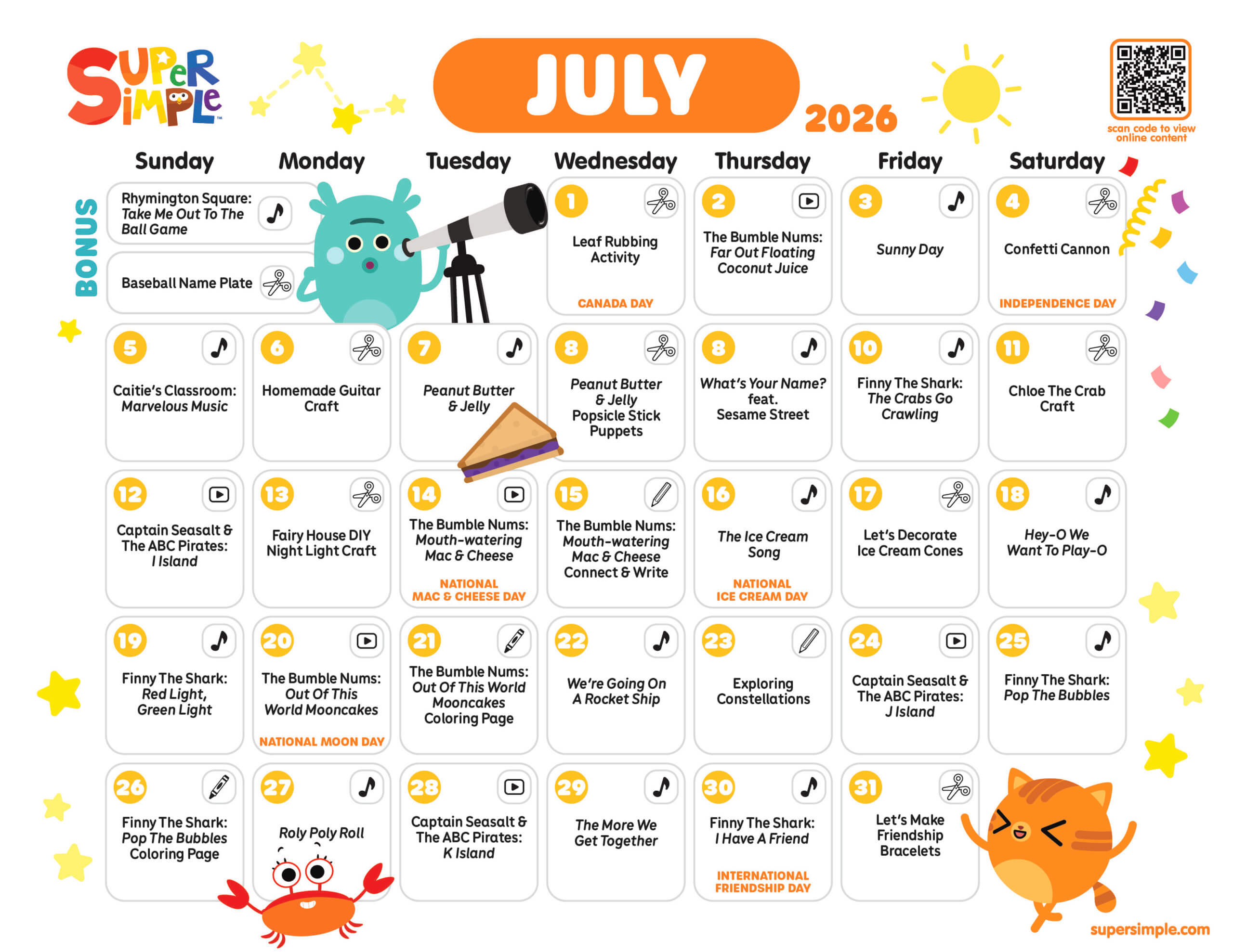 Super Simple Calendar - July 2026