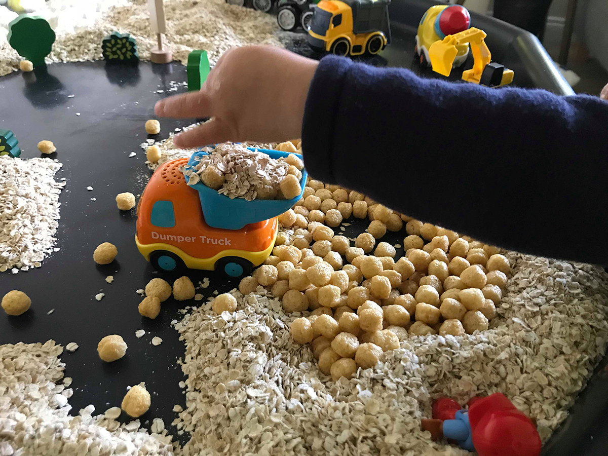 edible construction sensory bin