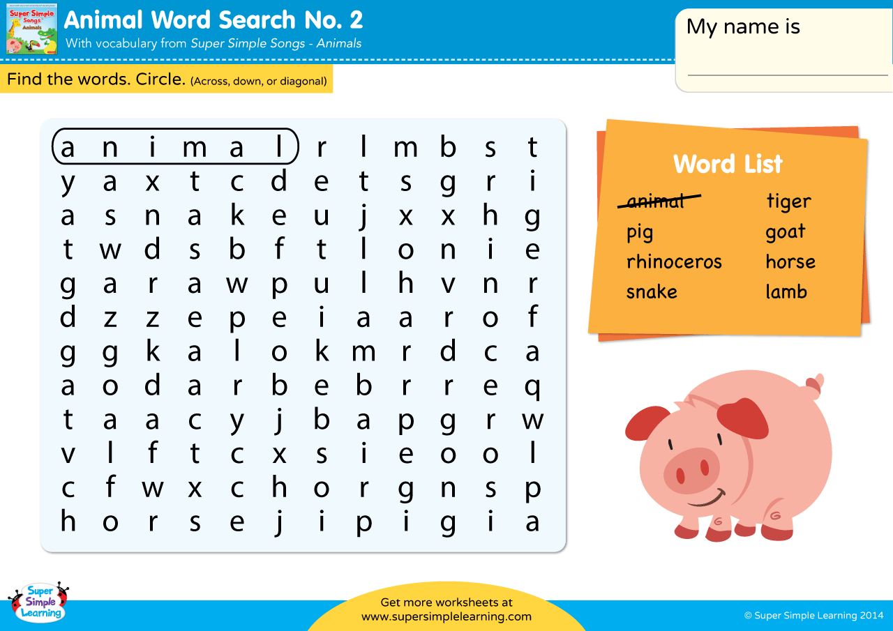 Animals - Word Search #2 - Super Simple