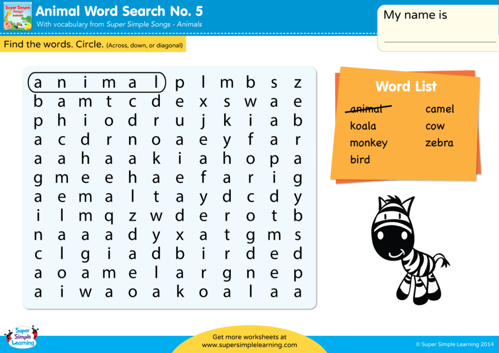 Animals Word Search 5 Super Simple