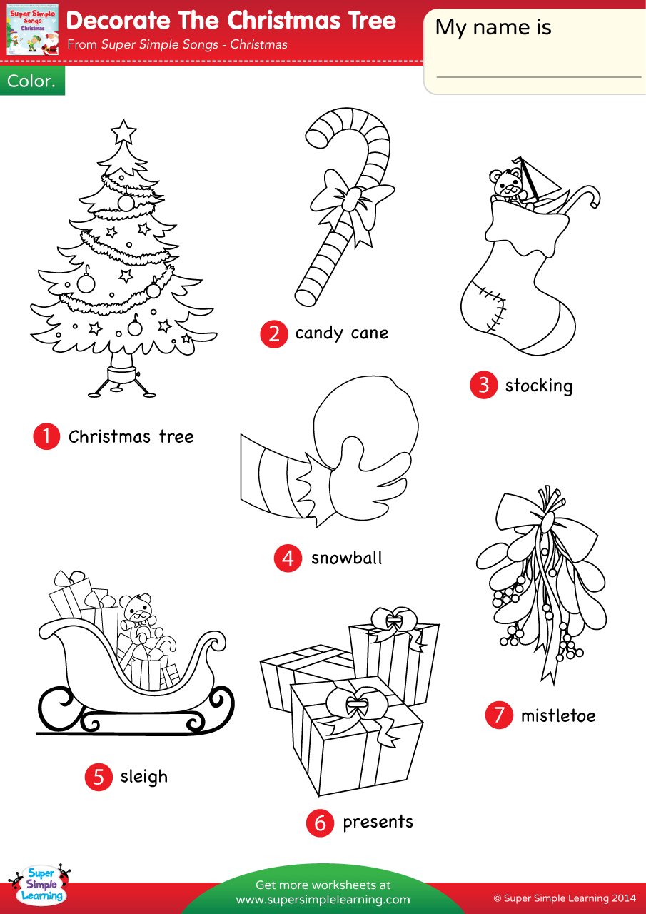 Decorate The Christmas Tree Worksheet - Vocabulary Coloring - Super Simple