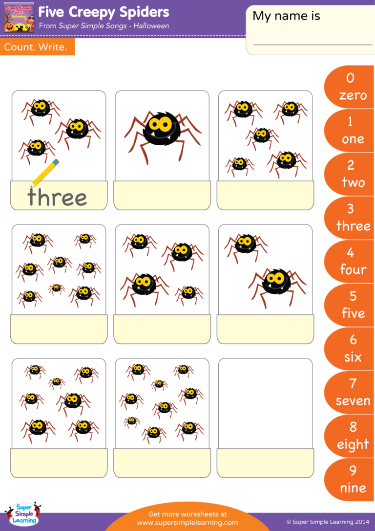 five creepy spiders worksheet count write super simple