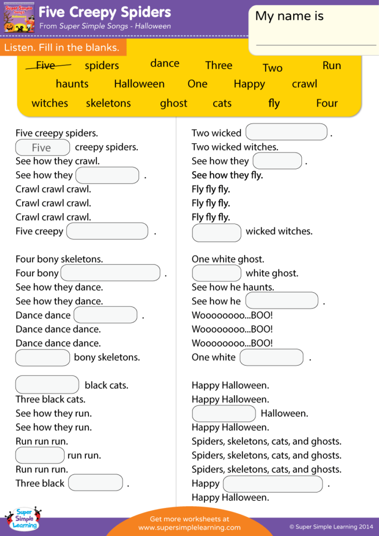 Five Creepy Spiders Worksheet - Fill In The Blanks - Super Simple