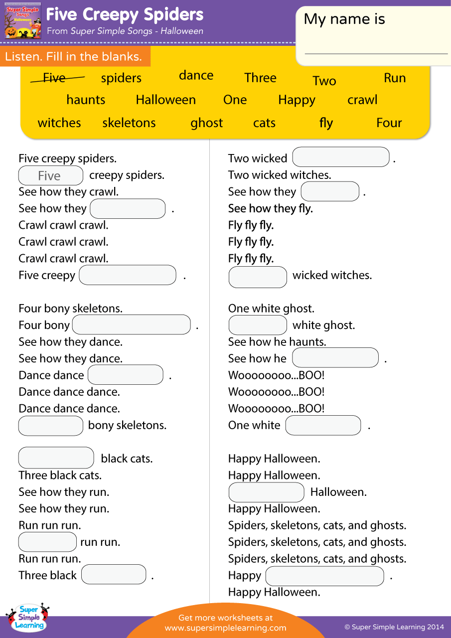 Five Creepy Spiders Worksheet Fill In The Blanks Super Simple