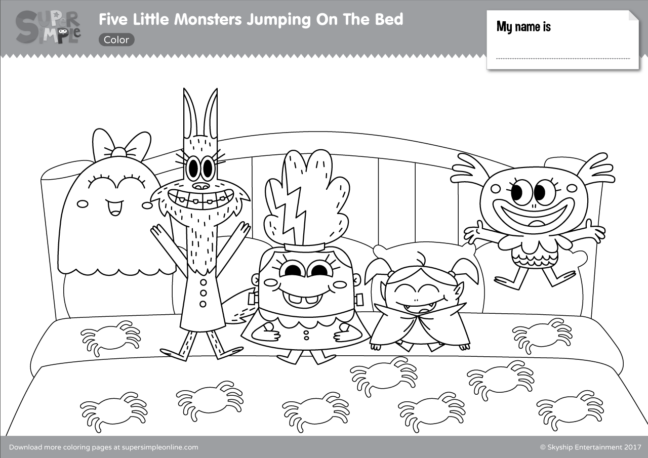 Download Five Little Monsters Jumping In The Bed Coloring Pages - Super Simple