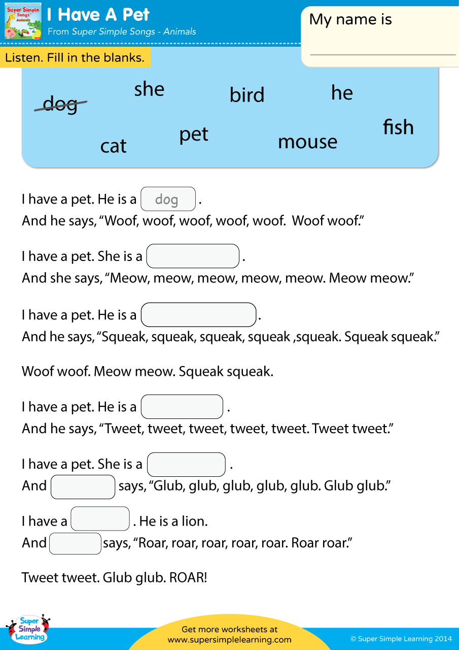 I Have A Pet Worksheet - Fill In The Blanks - Super Simple