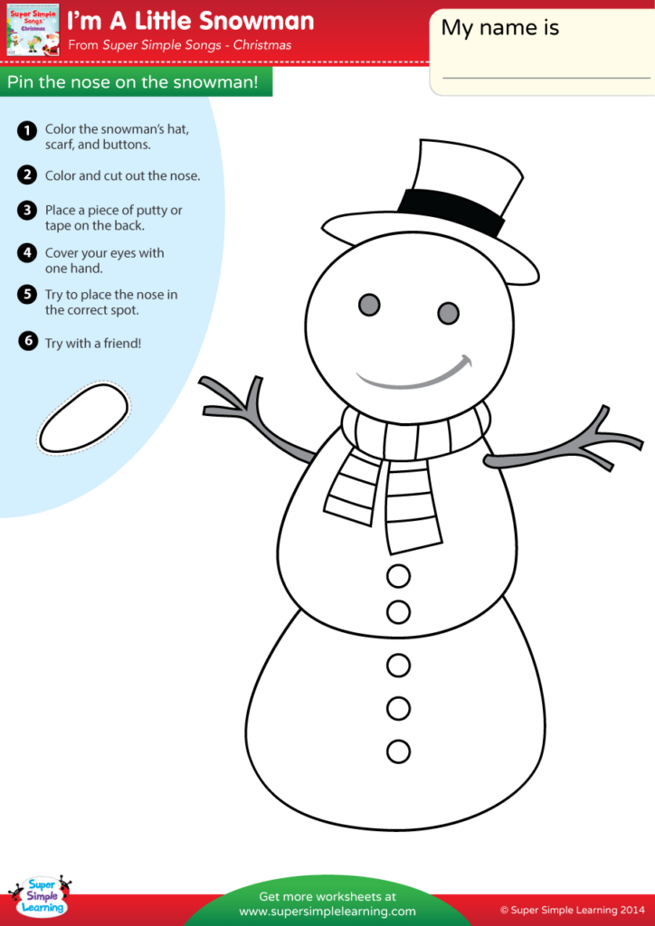 I'm A Little Snowman Worksheet - Pin The Nose On The Snowman - Super Simple