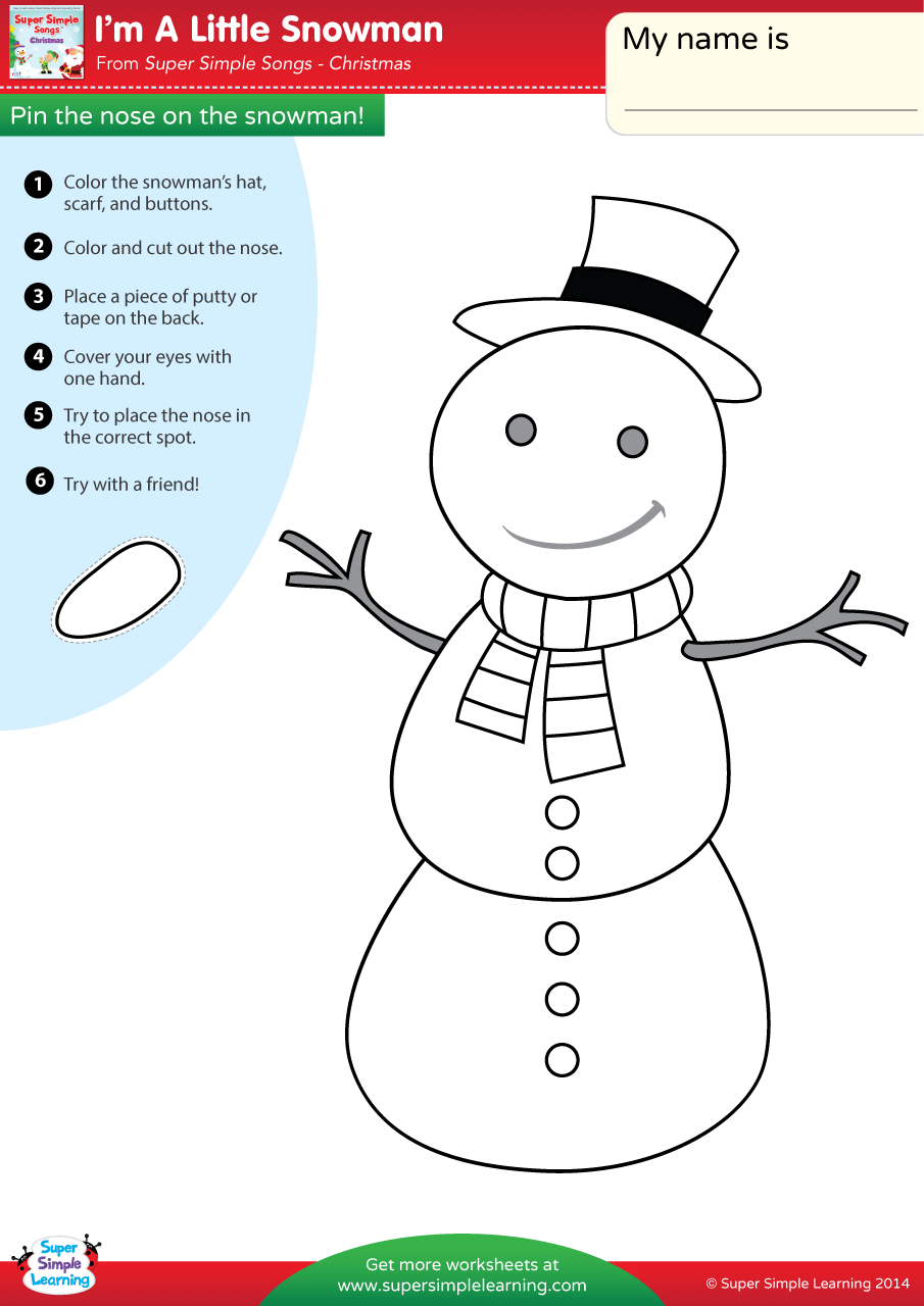 I'm A Little Snowman Worksheet Pin The Nose On The Snowman Super Simple