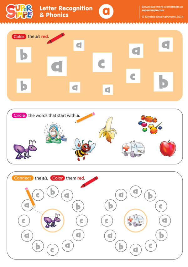 Letter Recognition & Phonics Worksheet - a (lowercase) - Super Simple