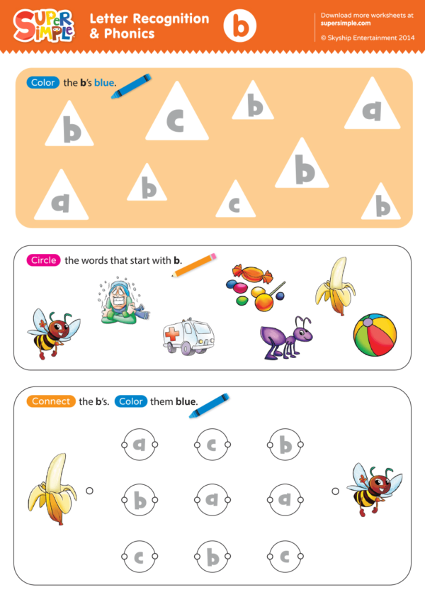 Letter Recognition & Phonics Worksheet - B (lowercase) - Super Simple