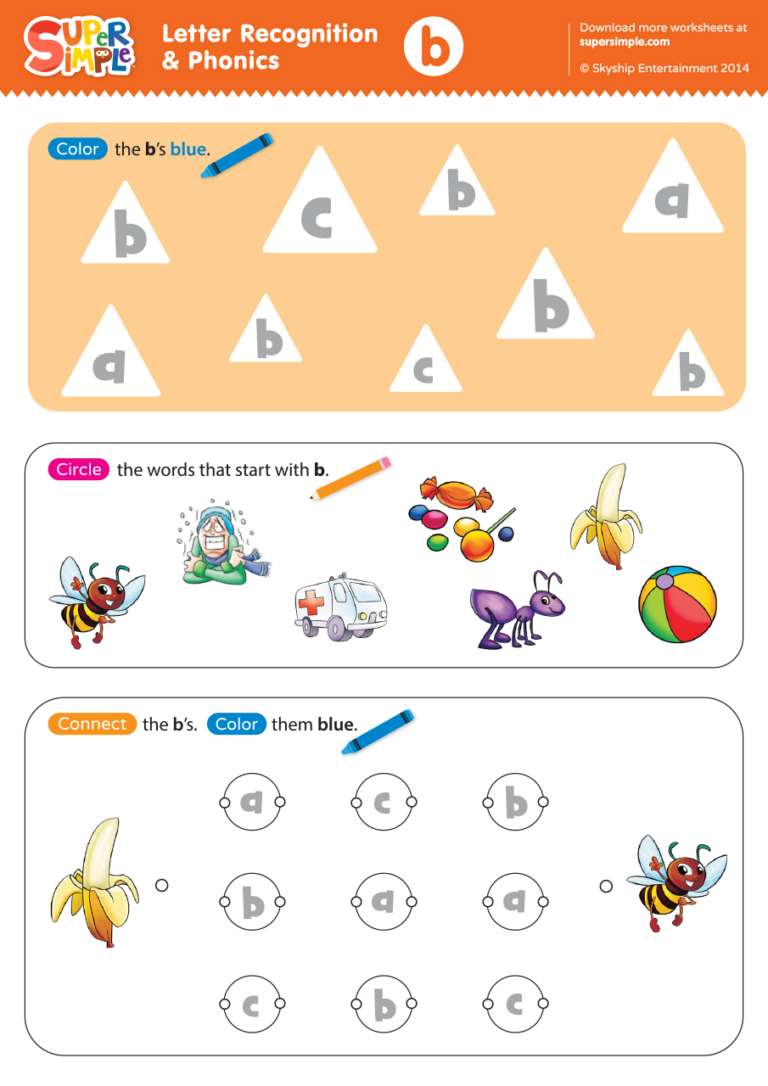Letter Recognition & Phonics Worksheet - b (lowercase) - Super Simple