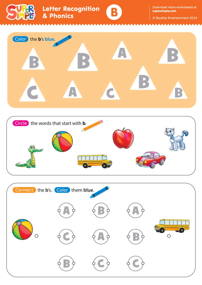 Letter Recognition & Phonics Worksheet - B (Uppercase) - Super Simple