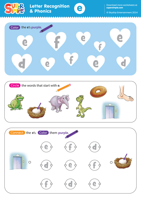 Letter Recognition & Phonics Worksheet - E (lowercase) - Super Simple