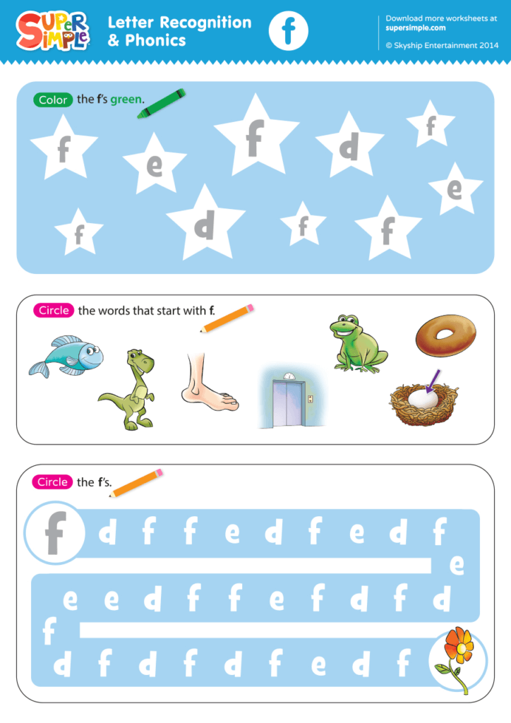 Letter Recognition Phonics Worksheet F lowercase Super Simple