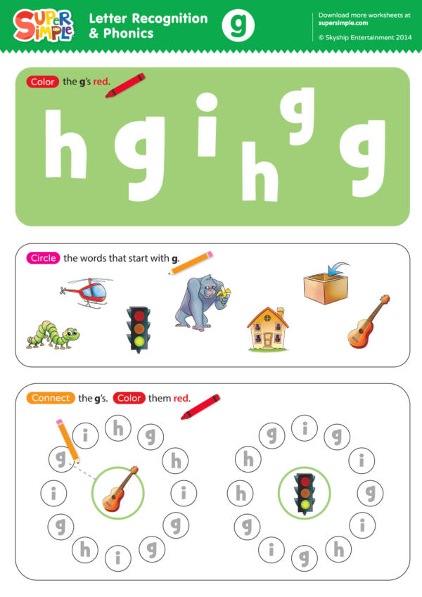 Letter Recognition & Phonics Worksheet - g (lowercase) - Super Simple