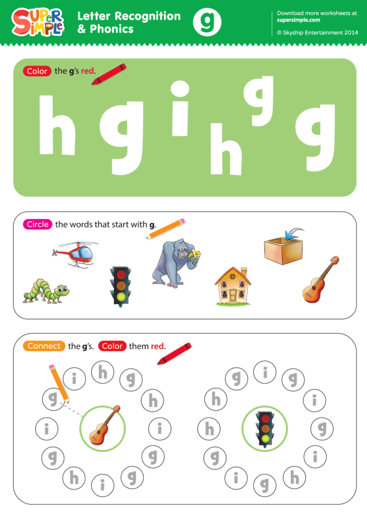 Letter Recognition Phonics Worksheet G lowercase Super Simple