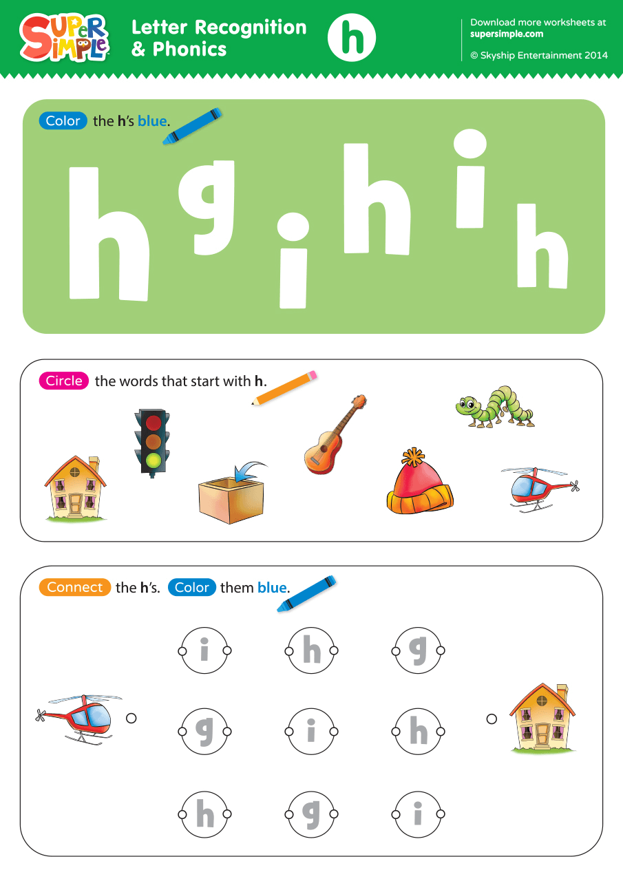 Letter Recognition & Phonics Worksheet - h (lowercase) - Super Simple