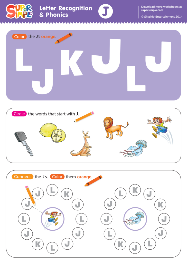 Letter Recognition & Phonics Worksheet - J (Uppercase) - Super Simple