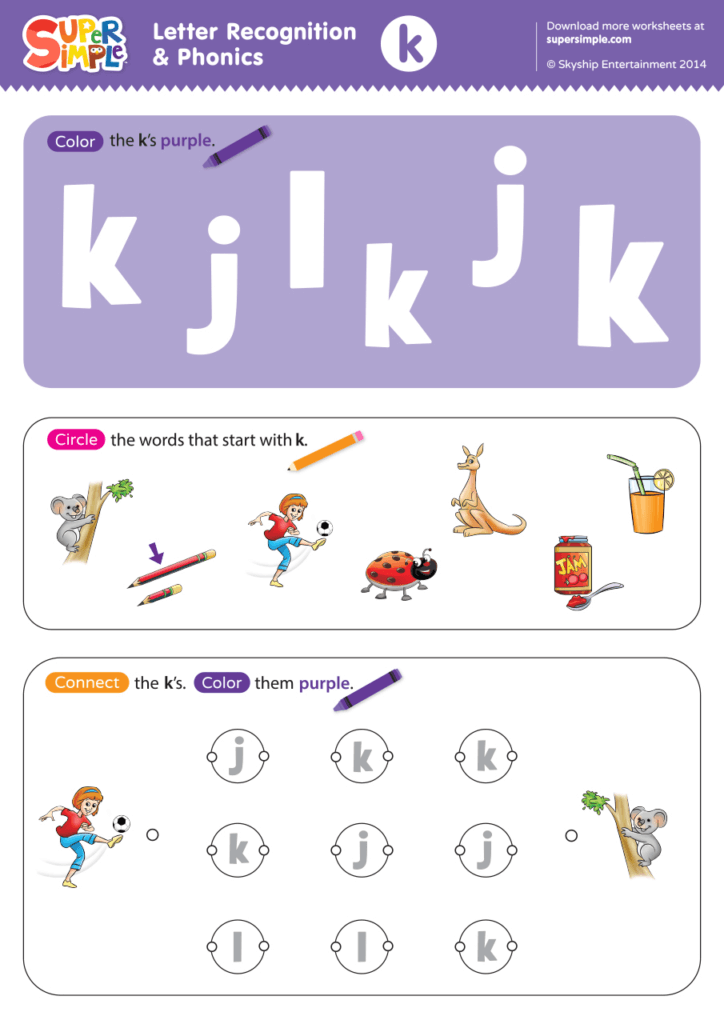 Letter Recognition Phonics Worksheet K lowercase Super Simple