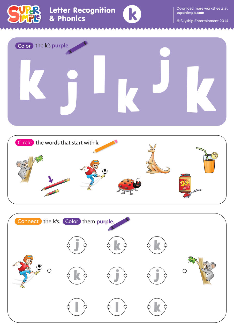 Letter Recognition & Phonics Worksheet - k (lowercase) - Super Simple