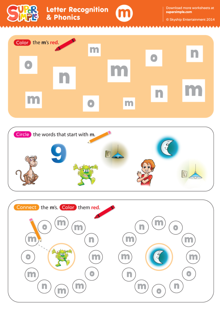 Letter Recognition & Phonics Worksheet - m (lowercase) - Super Simple