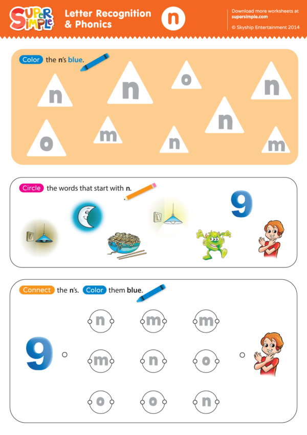 Letter Recognition & Phonics Worksheet - n (lowercase) - Super Simple