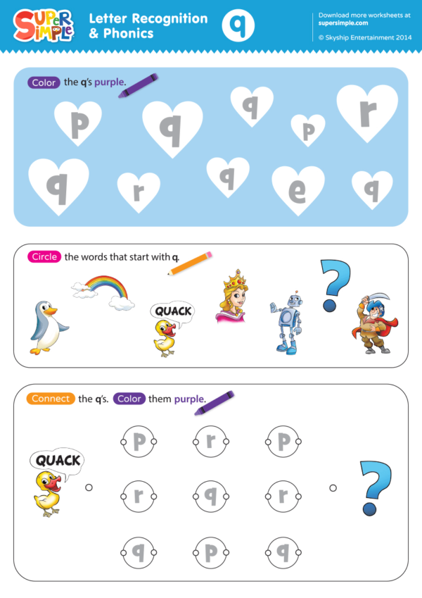 Letter Recognition & Phonics Worksheet - q (lowercase) - Super Simple