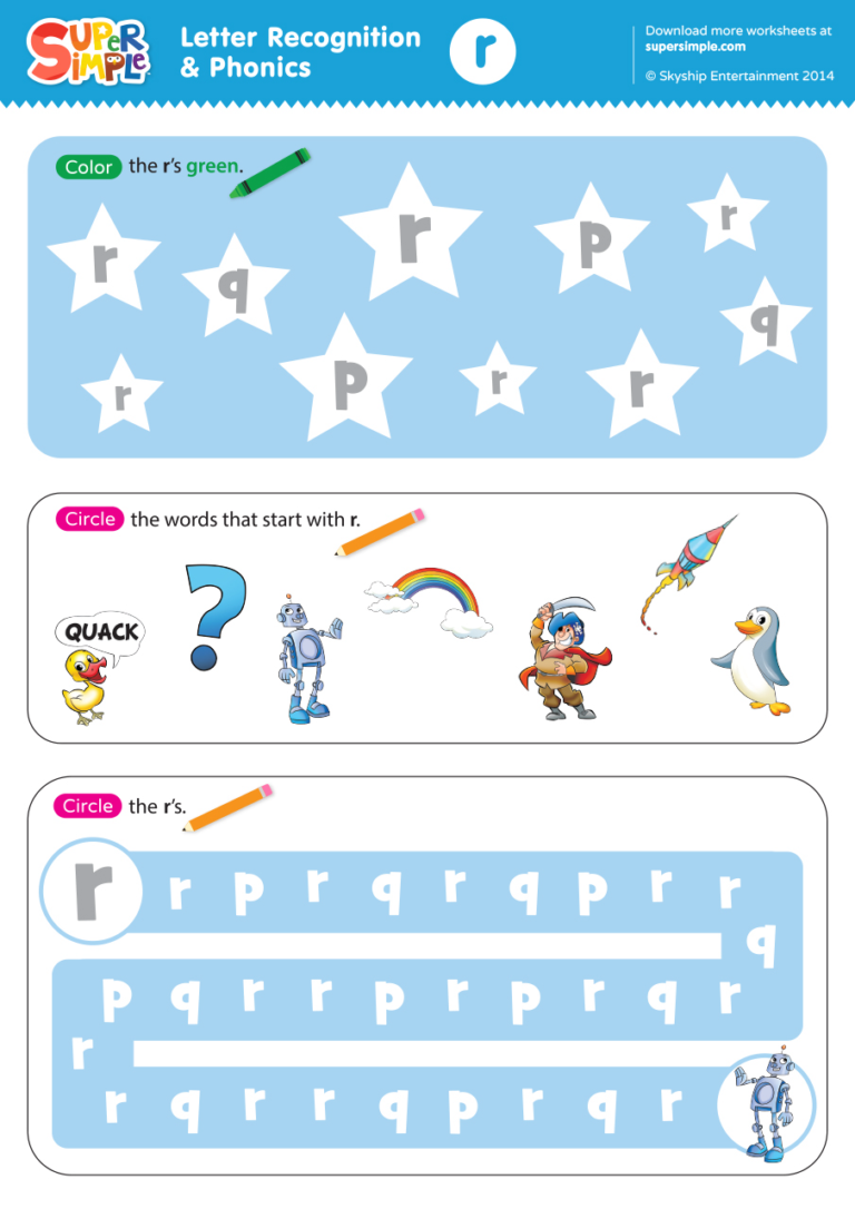 Letter Recognition & Phonics Worksheet - r (lowercase) - Super Simple