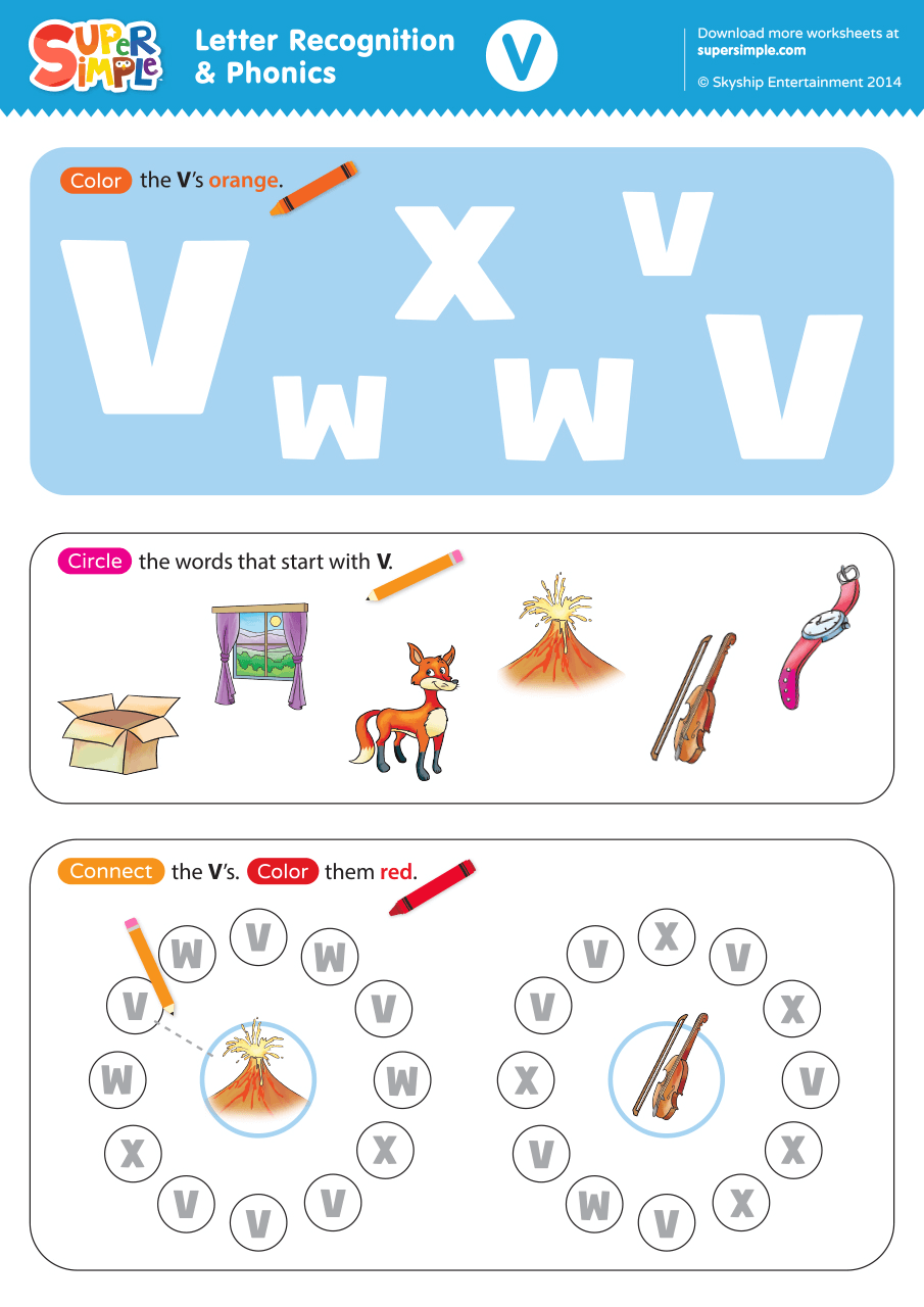 Letter Recognition Phonics Worksheet V Uppercase Super Simple