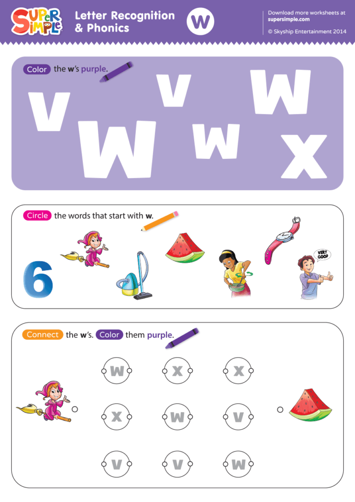 Letter Recognition & Phonics Worksheet - w (lowercase) - Super Simple