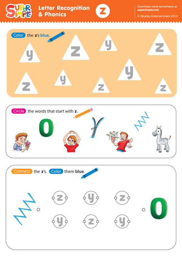 Letter Recognition & Phonics Worksheet - z (lowercase) - Super Simple