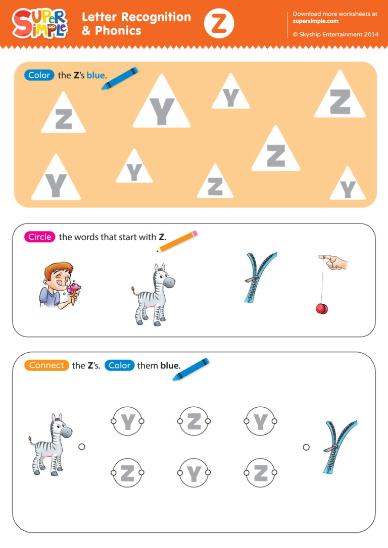 Letter Recognition & Phonics Worksheet Z (Uppercase) Super Simple