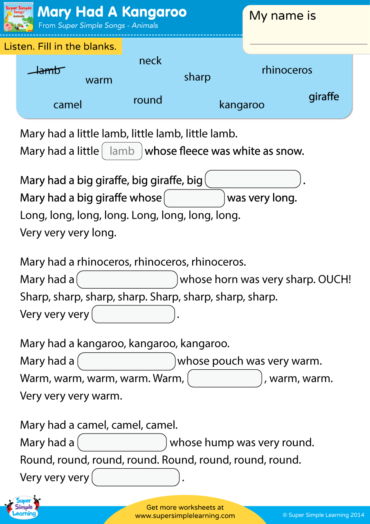 Mary Had A Kangaroo Worksheet - Fill In The Blanks - Super Simple