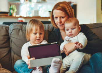 Mother and Two Children with iPad