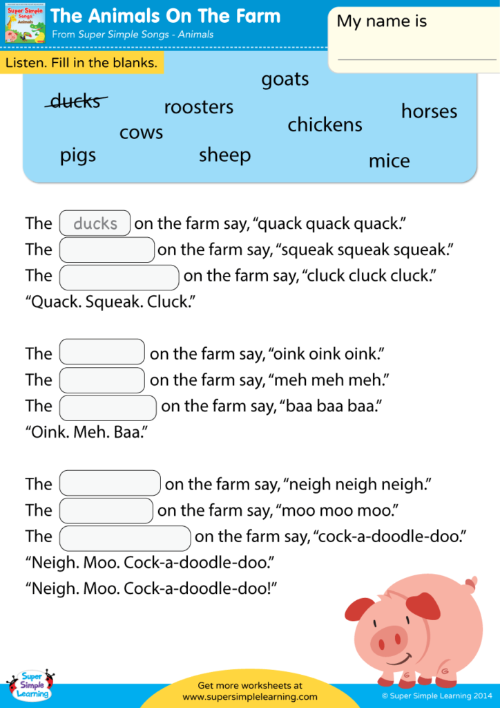 The Animals On The Farm Worksheet - Fill In The Blanks - Super Simple
