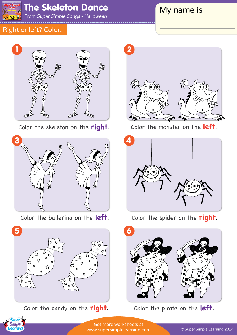 the skeleton dance worksheet right or left super simple