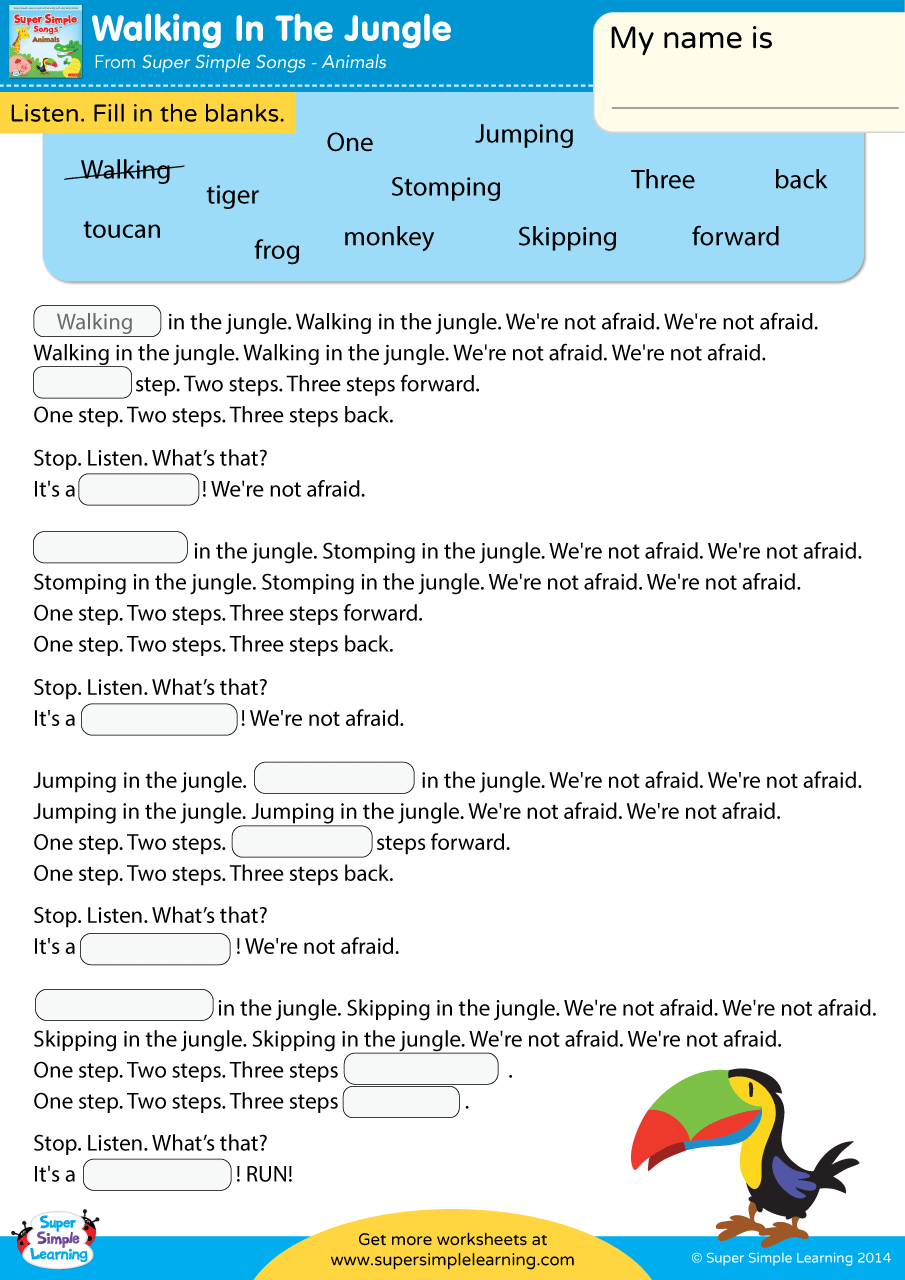 Walking In The Jungle Worksheet - Fill In The Blanks - Super Simple